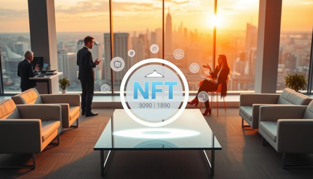 A clean, modern office setting with sleek furniture and minimalist decor. In the foreground, a stylized visualization of an NFT, its unique digital design and value metrics prominently displayed. In the middle ground, a group of people in business attire engaged in a collaborative discussion, gesturing towards various strategies and techniques for optimizing NFT earnings. The background features a large window overlooking a bustling city skyline, bathed in warm, golden afternoon light. The overall atmosphere conveys a sense of innovation, forward-thinking, and the endless possibilities of the NFT marketplace. A clean, modern office setting with sleek furniture and minimalist decor. In the foreground, a stylized visualization of an NFT, its unique digital design and value metrics prominently displayed. In the middle ground, a group of people in business attire engaged in a collaborative discussion, gesturing towards various strategies and techniques for optimizing NFT earnings. The background features a large window overlooking a bustling city skyline, bathed in warm, golden afternoon light. The overall atmosphere conveys a sense of innovation, forward-thinking, and the endless possibilities of the NFT marketplace.