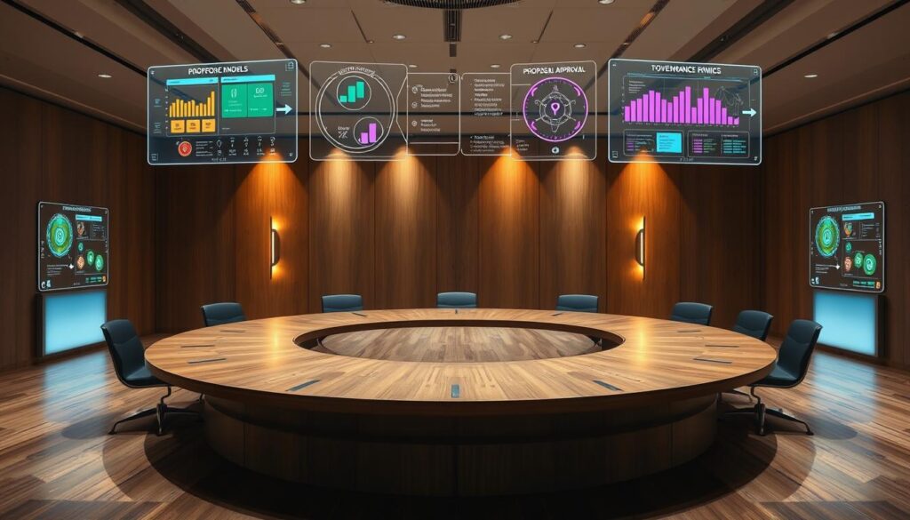 A clean, well-lit conference room with a large, curved wooden table at the center. Hovering above the table are several holographic interfaces, depicting various voting mechanisms and governance models for a decentralized autonomous organization (DAO). The interfaces show colorful charts, graphs, and interactive visualizations, illustrating the flow of decision-making, token distribution, and proposal approval processes. The room is bathed in a warm, futuristic glow, with subtle lighting accents highlighting the sophisticated technology. The overall atmosphere conveys a sense of transparency, collaboration, and democratic decision-making.