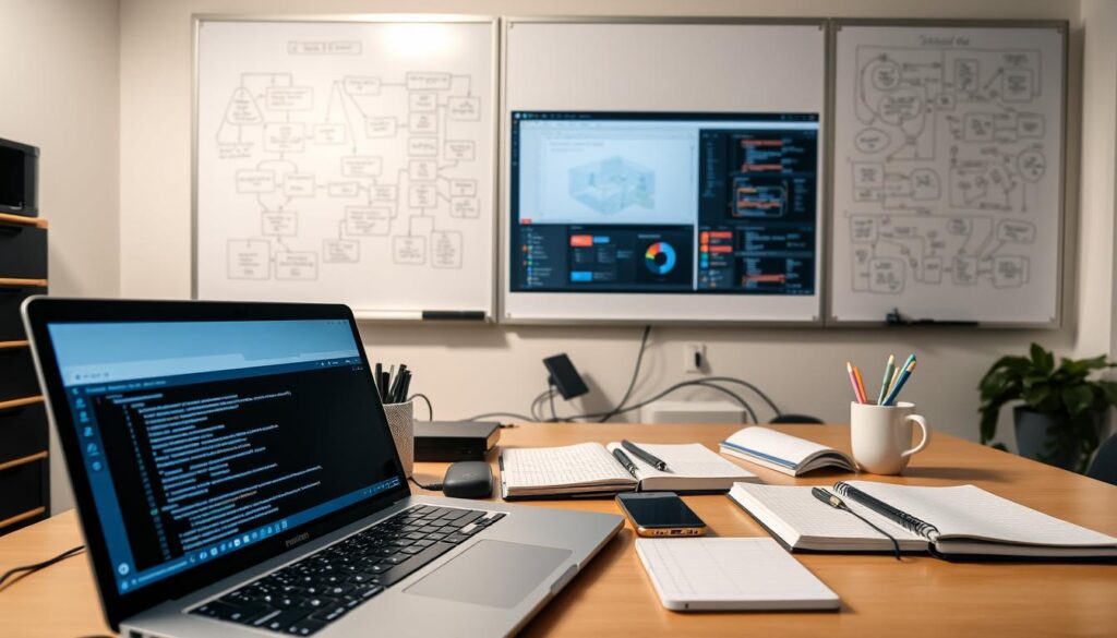 A clean, well-lit workstation showcasing an array of developer tools for blockchain testnet setup. In the foreground, a sleek laptop displays a terminal window with lines of code, while nearby sits an external hard drive, a USB hub, and a smartphone. The middle ground features a high-resolution monitor displaying a testnet dashboard, surrounded by neatly organized notebooks, pens, and a cup of coffee. In the background, a large whiteboard filled with diagrams and flowcharts provides a sense of a collaborative development space. The overall scene conveys a productive, focused atmosphere for a developer working on a blockchain testnet sandbox environment.