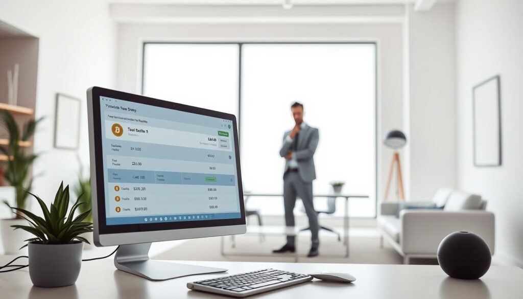 A clear, well-lit studio setting depicting the intricacies of cryptocurrency transaction fee management. In the foreground, a stylish desktop computer displaying a digital cryptocurrency wallet interface, showcasing transaction details and fee options. The middle ground features a person in business attire thoughtfully examining the wallet, considering the impact of fees on cost-effectiveness. The background showcases a minimalist office environment, with clean lines, modern furnishings, and a large window letting in natural light, conveying a sense of professionalism and efficiency. The overall mood is one of careful consideration and financial optimization, capturing the essence of the "Managing Transaction Fees and Cost-Effectiveness" section.