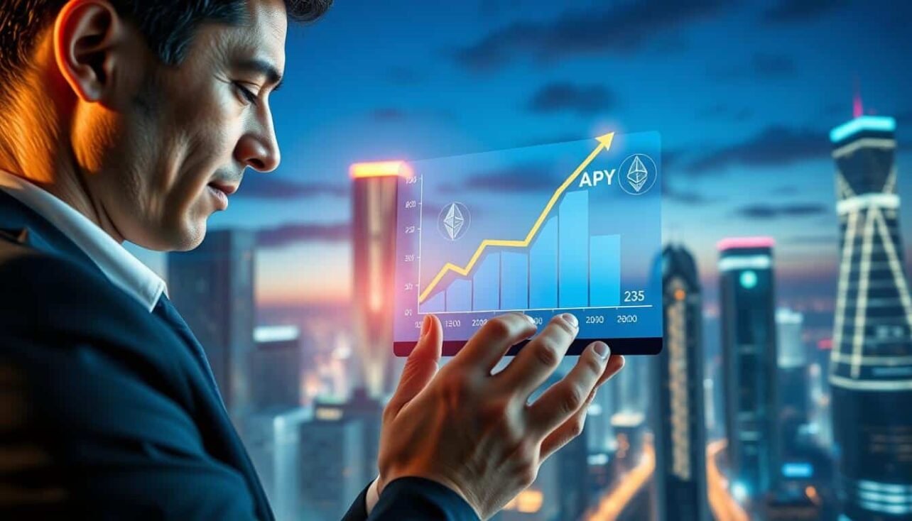 A close-up of a modern digital wallet interface displaying a vibrant graph with an upward trend symbolizing high APY, surrounded by illustrations of cryptocurrencies like Bitcoin, Ethereum, and others. In the foreground, a professional individual in smart business attire studies the screen intently, reflecting a sense of optimism and confidence. The middle layer shows a subtle glowing effect around the digital wallet, enhancing the allure of the high returns. The background features a futuristic cityscape with skyscrapers under a twilight sky, creating a tech-savvy, innovative atmosphere. Bright lights illuminate the scene, creating a welcoming and hopeful mood that signifies financial possibilities. The overall composition is dynamic and engaging, emphasizing the potential of crypto staking rewards.