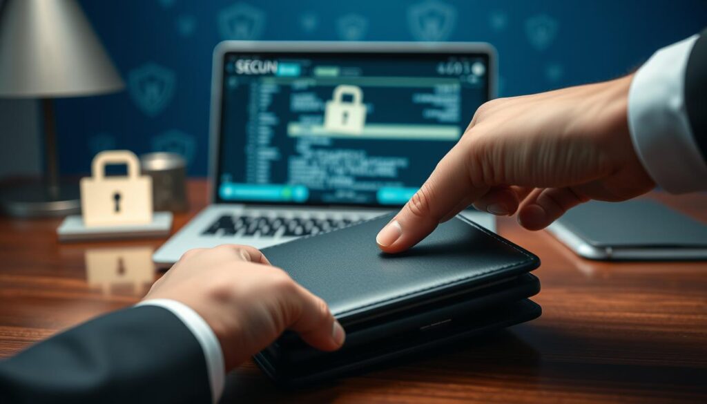 A close-up of a sleek, digital cryptocurrency wallet placed on a polished wooden desk, surrounded by security symbols like padlocks and shields. In the foreground, a hand in a professional business attire hovers over the wallet, emphasizing care and vigilance. The middle ground features a softly blurred laptop displaying encrypted transaction details, while in the background, a subtle gradient of deep blue and green symbolizes digital security. Soft, focused lighting highlights the wallet's features, creating an atmosphere of trust and safety. The image conveys a sense of sophistication and professionalism, ideal for emphasizing security in cryptocurrency management.