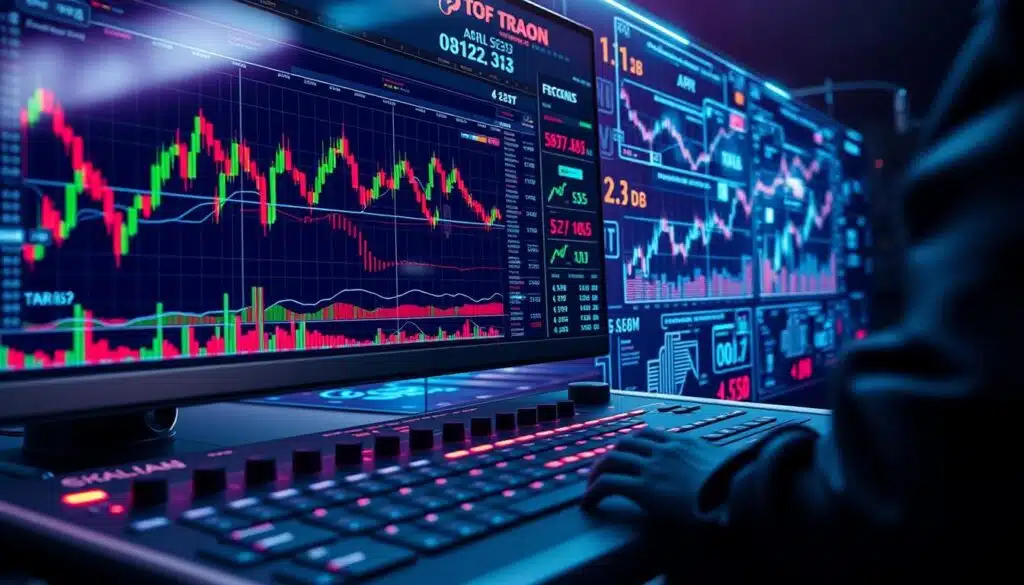 A close-up view of a futuristic computer interface showcasing intricate trading signals and AI-driven data analysis. In the foreground, a sleek, high-resolution display presents a dynamic array of candlestick charts, stock tickers, and algorithmic indicators in vivid colors. The middle ground features a sophisticated control panel with touchscreen inputs, knobs, and sliders, hinting at the advanced technology powering the system. In the background, a seamless integration of holographic projections and immersive data visualizations creates an atmosphere of cutting-edge financial technology. Dramatic lighting and a moody, high-contrast palette evoke a sense of precision, innovation, and the transformative potential of AI in the world of trading.