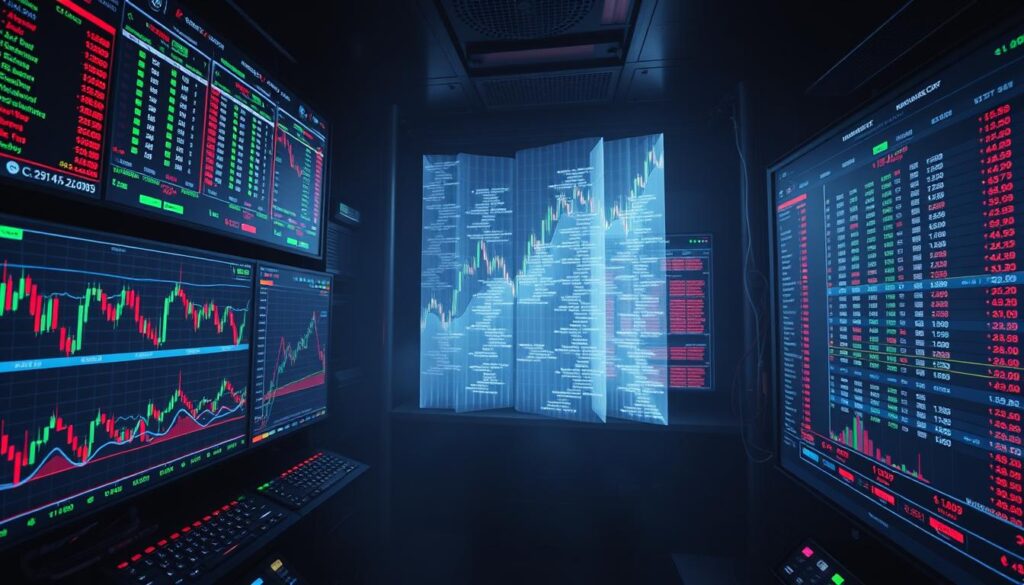 A cluttered crypto exchange trading platform, with multiple order books and depth charts displayed on a series of digital screens. The foreground features a tangle of colorful candlestick graphs, order lines, and price indicators, conveying a sense of complex market activity. In the middle ground, translucent "walls" of buy and sell orders materialize, hinting at potential price manipulation tactics. The background is dimly lit, with a moody, almost ominous atmosphere, emphasizing the high-stakes nature of the crypto markets. The image is rendered in a gritty, cyberpunk-inspired aesthetic, with a hint of unease and uncertainty hanging in the air.