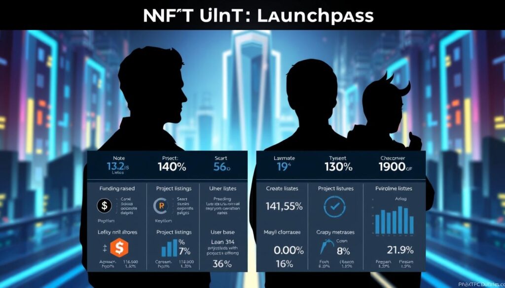 A comparative analysis of leading NFT launchpads, presented in a sleek and informative infographic-style image. The foreground features silhouettes of prominent launchpad platforms, each with distinctive visual identities. The middle ground showcases detailed metrics and statistics, allowing for side-by-side comparisons of key features, such as funding raised, project listings, and user base. The background depicts a futuristic cityscape, with glowing neon hues and clean architectural lines, reflecting the cutting-edge nature of the blockchain ecosystem. The overall mood is one of authority, professionalism, and technological sophistication, suitable for inclusion in an article on understanding NFT launchpad project token sales.