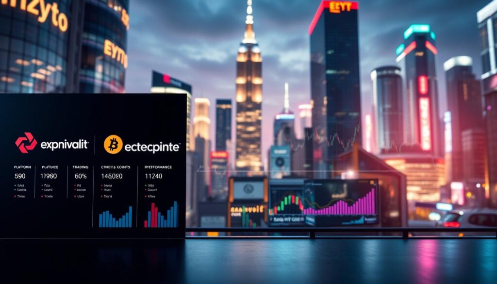 A comparative analysis of leading crypto trading platforms presented through a visually striking composition. In the foreground, a side-by-side display of platform logos and key metrics like trading volume, fees, and user count, captured under soft, directional lighting to highlight their distinguishing features. The middle ground features abstract data visualizations - candlestick charts, trading graphs, and performance indicators - to convey the platforms' analytical capabilities. The background depicts a vibrant cityscape with skyscrapers, neon lights, and a sense of urban dynamism, representing the fast-paced world of cryptocurrency trading. The overall mood is one of professional analysis, technological sophistication, and the thrill of financial markets.
