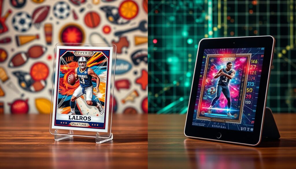 A comparative visual showcasing the distinct qualities of physical and digital trading cards. In the foreground, a pristine physical sports trading card, its vibrant artwork and tangible texture captured in crisp detail under warm studio lighting. Alongside, a sleek, high-resolution digital collectible card displayed on a tablet, its pixels shimmering with dynamic animations. The background blends elements of both realms - a vintage-inspired pattern of sports memorabilia juxtaposed with a futuristic digital grid, hinting at the convergence of physical and virtual realms in the world of sports collectibles. A comparative visual showcasing the distinct qualities of physical and digital trading cards. In the foreground, a pristine physical sports trading card, its vibrant artwork and tangible texture captured in crisp detail under warm studio lighting. Alongside, a sleek, high-resolution digital collectible card displayed on a tablet, its pixels shimmering with dynamic animations. The background blends elements of both realms - a vintage-inspired pattern of sports memorabilia juxtaposed with a futuristic digital grid, hinting at the convergence of physical and virtual realms in the world of sports collectibles.