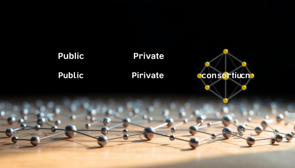 A comparison of three distinct blockchain network types: public, private, and consortium. In the foreground, a series of interconnected nodes representing the public network, with a diverse array of participants. In the middle, a centralized private network with controlled access, depicted as a closed system. In the background, a hybrid consortium network, symbolizing a collaborative effort between select organizations. The scene is illuminated by a soft, natural light, creating a sense of balance and cohesion. The overall composition conveys the unique characteristics and applications of each blockchain network type, inviting the viewer to explore the nuances of this emerging technology.