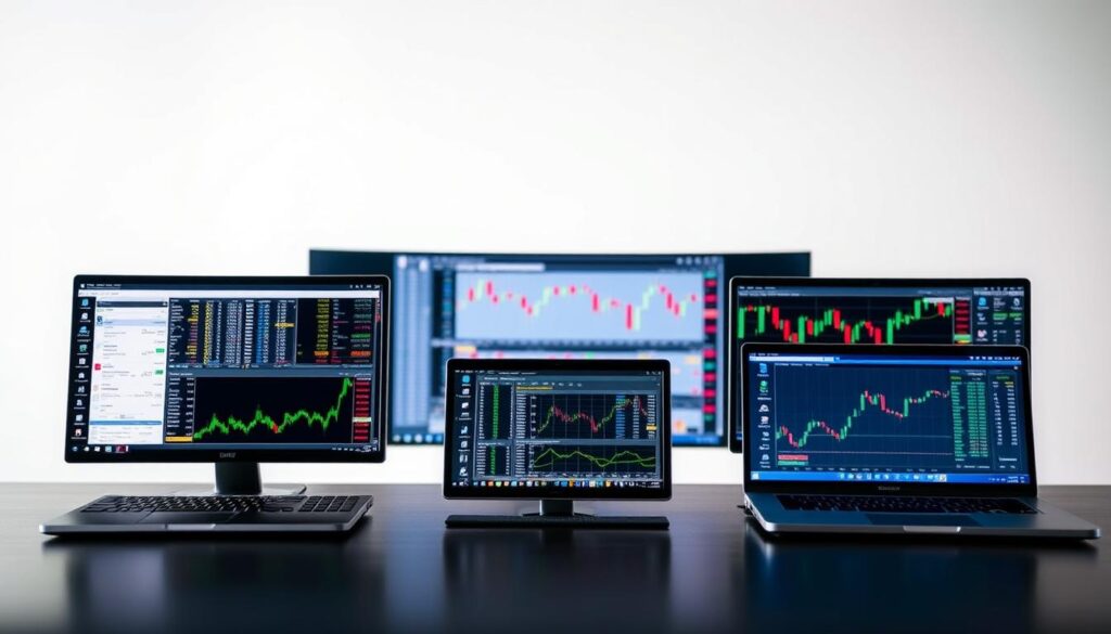 A comparison of three prominent trading simulators displayed against a clean, minimalist backdrop. The foreground showcases the simulators' user interfaces, highlighting their distinct visual styles and interactive features. The middle ground depicts realistic stock charts and market data, emphasizing the simulators' ability to provide realistic trading experiences. The background is a soft, blurred gradient, creating a sense of depth and focus on the central elements. The lighting is soft and diffused, evoking a professional, educational tone. The overall composition conveys a sense of clarity, highlighting the key differences and strengths of the featured trading simulators.