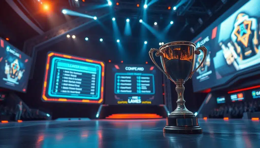A competition arena with a futuristic, tech-infused aesthetic. In the foreground, a gleaming trophy stands tall, casting a warm glow over the scene. The middle ground features a holographic display showcasing a leaderboard, highlighting the top competitors. In the background, sleek, angular architecture frames the setting, with digital screens and projections displaying the competition rules and prize structure. The lighting is a balance of cool, neon hues and warm, spotlight-like accents, creating an atmosphere of excitement and anticipation. The overall composition conveys a sense of high-stakes, cutting-edge competition.