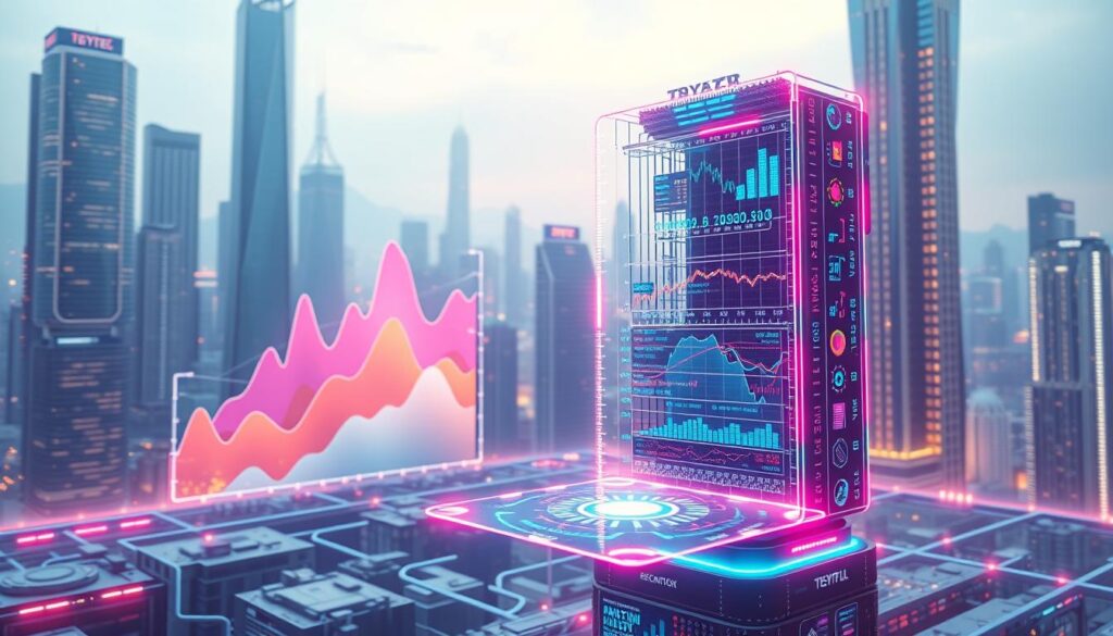 A complex 3D visualization of machine learning trading analysis, rendered in a sleek, high-tech style. In the foreground, a towering data visualization displays real-time market trends and algorithmic predictions, its vibrant colors and dynamic shapes conveying the rapid pace of the crypto markets. In the middle ground, a holographic interface showcases advanced trading tools and performance metrics, illuminated by a soft, diffuse glow. The background features a futuristic cityscape, its towering skyscrapers and glowing energy grids suggesting the scale and integration of AI-driven financial systems. The overall scene is bathed in a cool, neon-tinged lighting, creating a sense of technological sophistication and the cutting edge of crypto trading. A complex 3D visualization of machine learning trading analysis, rendered in a sleek, high-tech style. In the foreground, a towering data visualization displays real-time market trends and algorithmic predictions, its vibrant colors and dynamic shapes conveying the rapid pace of the crypto markets. In the middle ground, a holographic interface showcases advanced trading tools and performance metrics, illuminated by a soft, diffuse glow. The background features a futuristic cityscape, its towering skyscrapers and glowing energy grids suggesting the scale and integration of AI-driven financial systems. The overall scene is bathed in a cool, neon-tinged lighting, creating a sense of technological sophistication and the cutting edge of crypto trading.