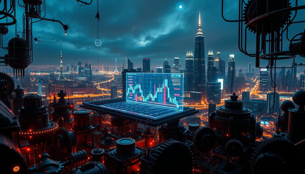 A complex and captivating algorithmic landscape, illuminated by a warm glow. In the foreground, a multitude of interlocking cogs, gears, and data streams representing the intricate workings of AI-driven crypto market making. Mid-ground, a holographic display showcases real-time market data and trading patterns, analyzed by sophisticated neural networks. In the background, a futuristic cityscape with towering skyscrapers and neon-lit streets, symbolizing the dynamic crypto ecosystem. Dramatic chiaroscuro lighting casts dramatic shadows, heightening the sense of depth and technical sophistication. Shot with a wide-angle lens to capture the grand scale and interconnectedness of this AI-powered financial ecosystem. A complex and captivating algorithmic landscape, illuminated by a warm glow. In the foreground, a multitude of interlocking cogs, gears, and data streams representing the intricate workings of AI-driven crypto market making. Mid-ground, a holographic display showcases real-time market data and trading patterns, analyzed by sophisticated neural networks. In the background, a futuristic cityscape with towering skyscrapers and neon-lit streets, symbolizing the dynamic crypto ecosystem. Dramatic chiaroscuro lighting casts dramatic shadows, heightening the sense of depth and technical sophistication. Shot with a wide-angle lens to capture the grand scale and interconnectedness of this AI-powered financial ecosystem.