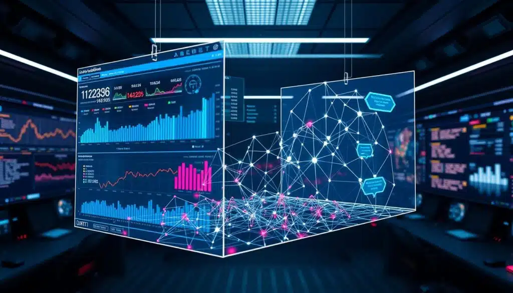 A complex and futuristic data visualization of blockchain analytics, featuring a stunning 3D holographic display suspended in a sleek, minimalist environment. The foreground showcases a dynamic, interactive data dashboard with vibrant charts, graphs, and real-time metrics. The middle ground features a wireframe model of a blockchain network, with nodes pulsing and connecting in a mesmerizing pattern. The background sets the scene with a dimly lit, high-tech control room, with glowing displays and a sense of technological sophistication. The lighting is dramatic, casting sharp shadows and highlighting the depth and dimensionality of the scene. The overall mood is one of innovation, precision, and the power of data-driven insights in the world of blockchain and cryptocurrency.