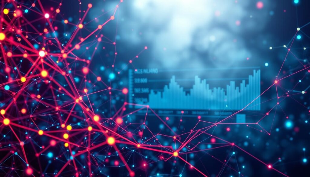 A complex array of interconnected nodes and curves, representing the intricate patterns of machine learning data analysis. The foreground features a dynamic visualization of data flows, with vibrant colors and geometric shapes pulsing with energy. In the middle ground, abstract graphs and charts emerge, conveying the insights and predictions derived from the data. The background is shrouded in a ethereal, futuristic haze, suggesting the boundless possibilities of AI-driven market forecasting. The lighting is sharp and directional, casting dramatic shadows and highlights that accentuate the technological sophistication. The overall composition evokes a sense of technological elegance and the power of data-driven decision making. A complex array of interconnected nodes and curves, representing the intricate patterns of machine learning data analysis. The foreground features a dynamic visualization of data flows, with vibrant colors and geometric shapes pulsing with energy. In the middle ground, abstract graphs and charts emerge, conveying the insights and predictions derived from the data. The background is shrouded in a ethereal, futuristic haze, suggesting the boundless possibilities of AI-driven market forecasting. The lighting is sharp and directional, casting dramatic shadows and highlights that accentuate the technological sophistication. The overall composition evokes a sense of technological elegance and the power of data-driven decision making.