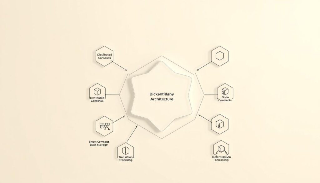 A complex blockchain architecture diagram set against a clean, minimalist background. Centered is a dynamic hexagon structure representing the core components - cryptography, distributed consensus, peer-to-peer network, and decentralized data storage. Surrounding it are smaller geometric shapes illustrating features like smart contracts, transaction processing, and node validation. The overall composition conveys a sense of balance, technology, and elegant simplicity. Soft, directional lighting casts subtle shadows to enhance the depth and three-dimensionality of the elements. The camera angle is slightly elevated to provide an optimal, comprehensive view of the fundamental blockchain framework. A complex blockchain architecture diagram set against a clean, minimalist background. Centered is a dynamic hexagon structure representing the core components - cryptography, distributed consensus, peer-to-peer network, and decentralized data storage. Surrounding it are smaller geometric shapes illustrating features like smart contracts, transaction processing, and node validation. The overall composition conveys a sense of balance, technology, and elegant simplicity. Soft, directional lighting casts subtle shadows to enhance the depth and three-dimensionality of the elements. The camera angle is slightly elevated to provide an optimal, comprehensive view of the fundamental blockchain framework.