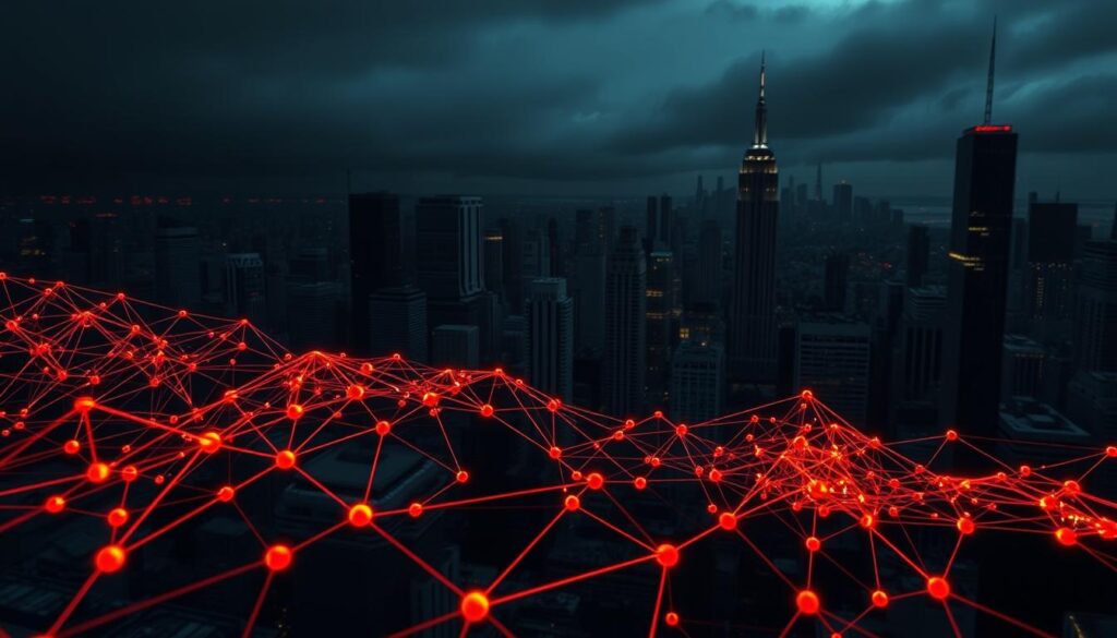 A complex blockchain data visualization showcasing intricate ransomware payment patterns. In the foreground, a three-dimensional graph of cryptocurrency transactions rendered in shades of red, orange, and yellow, highlighting the flow of illicit funds. In the middle ground, a series of interconnected nodes and edges representing the network topology of the ransomware infrastructure. In the background, a dark, moody cityscape with towering skyscrapers, hinting at the global scale and impact of the cybercrime. Dramatic lighting casts deep shadows, creating a sense of foreboding and unease. The scene is captured through a wide-angle lens, emphasizing the magnitude and complexity of the subject matter. A complex blockchain data visualization showcasing intricate ransomware payment patterns. In the foreground, a three-dimensional graph of cryptocurrency transactions rendered in shades of red, orange, and yellow, highlighting the flow of illicit funds. In the middle ground, a series of interconnected nodes and edges representing the network topology of the ransomware infrastructure. In the background, a dark, moody cityscape with towering skyscrapers, hinting at the global scale and impact of the cybercrime. Dramatic lighting casts deep shadows, creating a sense of foreboding and unease. The scene is captured through a wide-angle lens, emphasizing the magnitude and complexity of the subject matter.