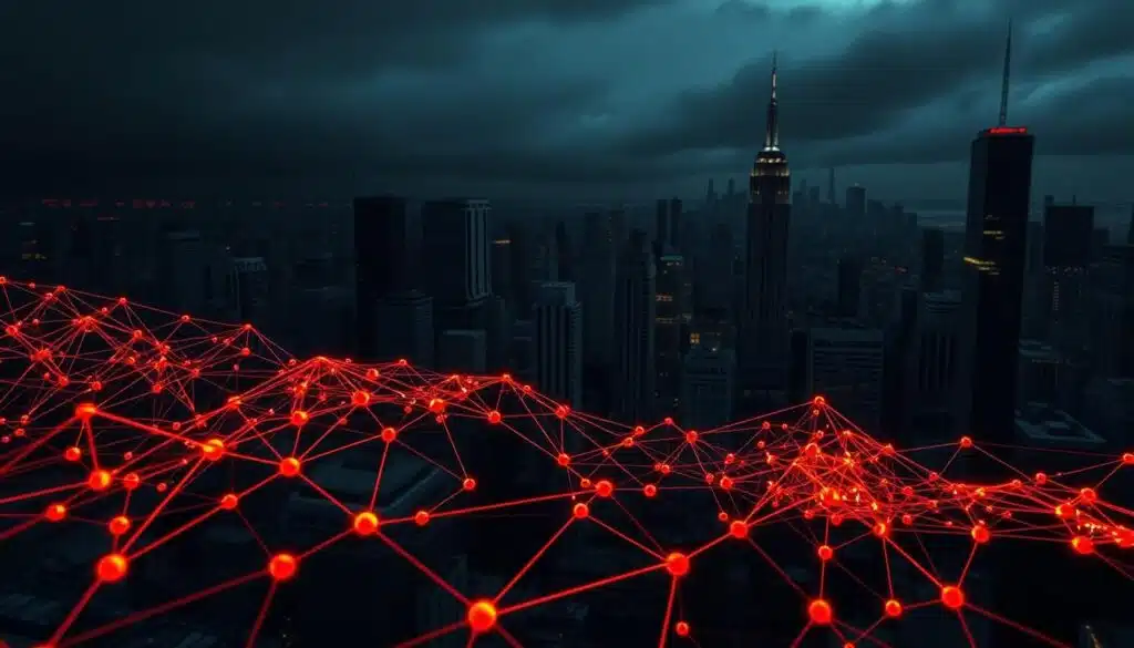 A complex blockchain data visualization showcasing intricate ransomware payment patterns. In the foreground, a three-dimensional graph of cryptocurrency transactions rendered in shades of red, orange, and yellow, highlighting the flow of illicit funds. In the middle ground, a series of interconnected nodes and edges representing the network topology of the ransomware infrastructure. In the background, a dark, moody cityscape with towering skyscrapers, hinting at the global scale and impact of the cybercrime. Dramatic lighting casts deep shadows, creating a sense of foreboding and unease. The scene is captured through a wide-angle lens, emphasizing the magnitude and complexity of the subject matter. A complex blockchain data visualization showcasing intricate ransomware payment patterns. In the foreground, a three-dimensional graph of cryptocurrency transactions rendered in shades of red, orange, and yellow, highlighting the flow of illicit funds. In the middle ground, a series of interconnected nodes and edges representing the network topology of the ransomware infrastructure. In the background, a dark, moody cityscape with towering skyscrapers, hinting at the global scale and impact of the cybercrime. Dramatic lighting casts deep shadows, creating a sense of foreboding and unease. The scene is captured through a wide-angle lens, emphasizing the magnitude and complexity of the subject matter.