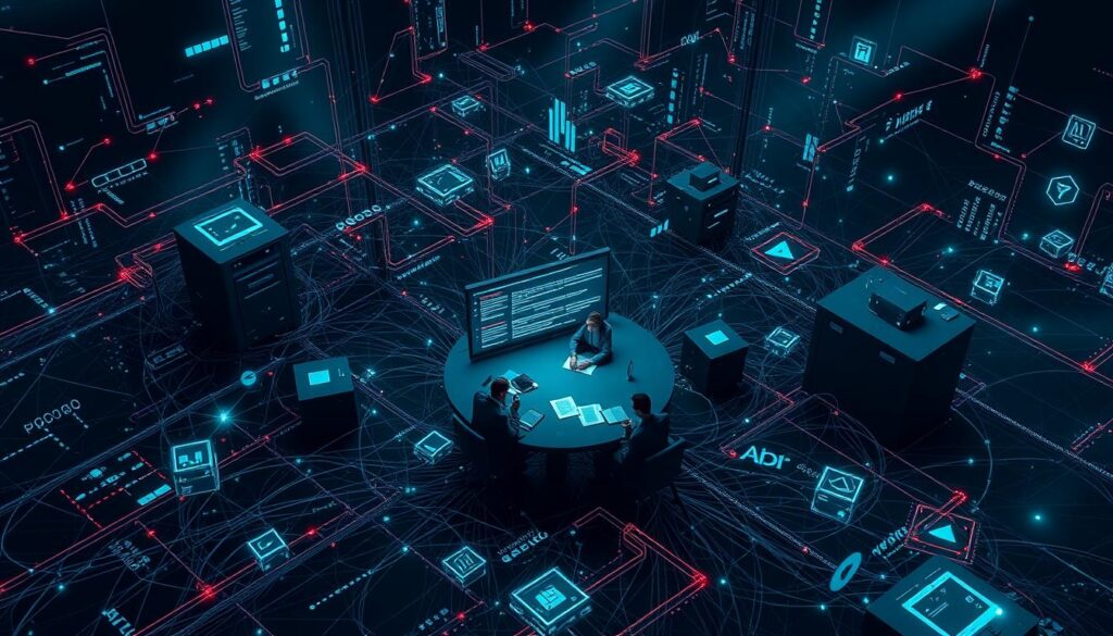 A complex blockchain infrastructure surrounded by a swirling array of digital security protocols, smart contracts, and distributed ledger technologies. In the foreground, a tangled web of blockchain nodes interacting with voting applications, while in the middle ground, a panel of experts scrutinize performance metrics and discuss implementation challenges. The background is cast in an ominous, technical glow, hinting at the cybersecurity risks and regulatory hurdles inherent in building a secure, decentralized voting system. Dramatic lighting and a high-angle perspective convey the gravity and complexity of the task at hand.