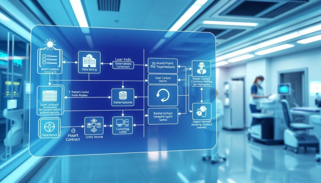 A complex blockchain network architecture workflow, featuring a detailed 3D rendered scene. In the foreground, a holographic display shows the data flow and smart contract interactions between various medical institutions and patient records. The middle ground showcases interconnected server nodes, data storage silos, and secure communication channels. In the background, a futuristic hospital setting with advanced medical equipment and patient monitoring systems is visible, all tied together by the blockchain infrastructure. Bright, cool-toned lighting illuminates the scene, creating a sense of technological sophistication and clinical precision. The overall mood is one of innovation, security, and streamlined healthcare data management.