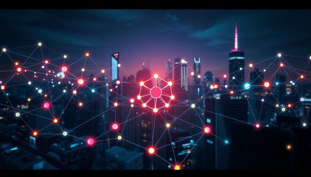 A complex blockchain network in the foreground, with various nodes and transactions visualized as colorful geometric shapes pulsing with energy. In the middle ground, a central hub representing the consensus mechanism, where multiple paths converge, creating a harmonious and secure payment system. The background depicts a futuristic cityscape, with skyscrapers and holograms, highlighting the integration of blockchain technology into the modern financial landscape. Dramatic cinematic lighting casts long shadows, creating a sense of depth and technological prowess. The overall mood is one of innovation, efficiency, and the seamless integration of blockchain into the world of digital payments. A complex blockchain network in the foreground, with various nodes and transactions visualized as colorful geometric shapes pulsing with energy. In the middle ground, a central hub representing the consensus mechanism, where multiple paths converge, creating a harmonious and secure payment system. The background depicts a futuristic cityscape, with skyscrapers and holograms, highlighting the integration of blockchain technology into the modern financial landscape. Dramatic cinematic lighting casts long shadows, creating a sense of depth and technological prowess. The overall mood is one of innovation, efficiency, and the seamless integration of blockchain into the world of digital payments.