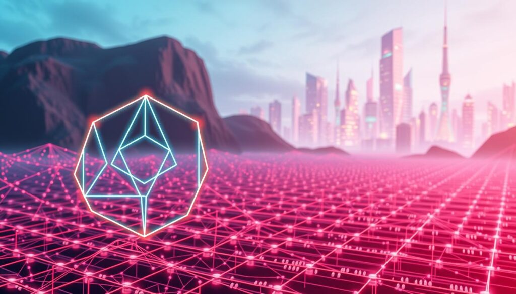 A complex blockchain network with interlinked protocols visualized in a futuristic, digital landscape. In the foreground, a trio of interlocked geometric shapes represent the core protocols enabling sidechain development - consensus mechanisms, state bridges, and transaction relayers. The middle ground features a grid-like matrix of nodes and connections, symbolizing the decentralized infrastructure. In the background, a shimmering skyline of holographic towers and data streams conveys the advanced, cutting-edge nature of the blockchain ecosystem. Soft neon hues and a sense of depth and dimensionality create an atmospheric, technological aesthetic.