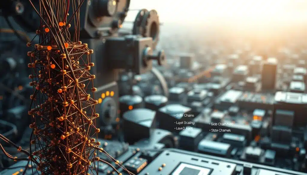 A complex blockchain network with nodes and transactions, set against a backdrop of technological gears and circuits. The foreground features a tower of interconnected blocks, symbolizing the scalability challenges. Soft, warm lighting illuminates the scene, creating a sense of depth and focus. The middle ground showcases various Layer 2 scaling solutions, such as side chains and state channels, each with its own unique attributes. In the background, a vast expanse of digital infrastructure, representing the broader blockchain ecosystem and the need for efficient scaling strategies. The overall mood is one of technological sophistication and the search for solutions to optimize blockchain performance.