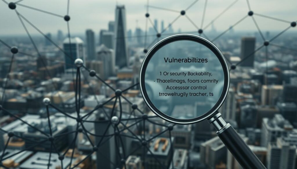 A complex blockchain network with nodes representing supply chain entities, data flows, and security challenges. In the foreground, a magnifying glass examines a node, revealing vulnerabilities like data integrity, access control, and transparency. The middle ground depicts tangled supply chain connections, while the background shows a cityscape backdrop, hinting at the global scale of blockchain traceability. The scene is rendered with a muted, industrial color palette, creating a sense of technical complexity and systemic challenges.