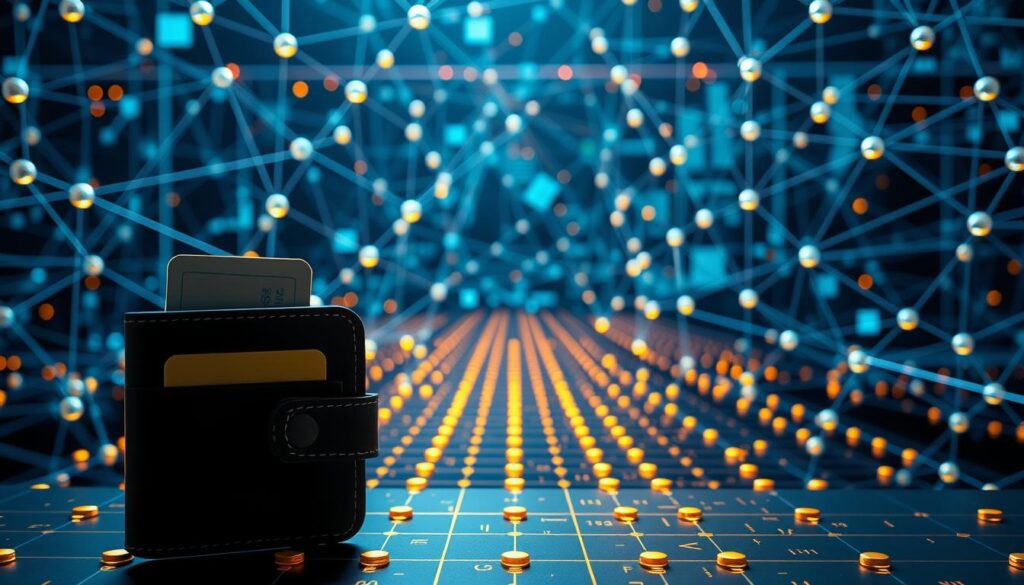 A complex blockchain network with nodes, transactions, and ledgers depicted in a sleek, modern style. The foreground shows a digital wallet and payment interface, highlighting the integration of blockchain technology in financial transactions. The middle ground features a grid of interconnected nodes, representing the decentralized architecture of the blockchain. In the background, a data visualization showcases the flow of digital assets, emphasizing the transparent and secure nature of blockchain-based payments. The overall scene has a cool, high-tech ambiance, conveying the cutting-edge advancements of blockchain technology in the realm of financial services.