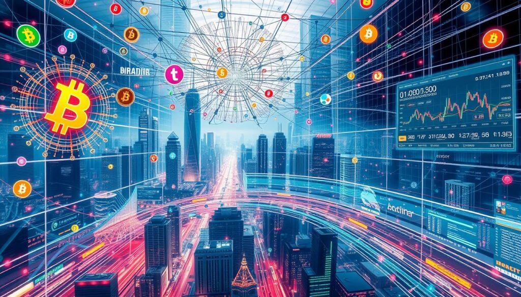 A complex crypto transaction landscape, with intricately interwoven networks of NFTs, DeFi protocols, and digital wallets. In the foreground, a kaleidoscope of colorful cryptocurrency symbols and blockchain icons swirl amidst a futuristic cityscape, its skyscrapers and neon-lit streets reflecting the dynamism of the digital economy. In the middle ground, transparent screens display real-time data, charts, and transaction details, while in the background, a matrix of interconnected nodes and data flows captures the essence of this intricate financial ecosystem. The overall atmosphere is one of technological sophistication, innovation, and the challenges of navigating the ever-evolving world of decentralized finance. A complex crypto transaction landscape, with intricately interwoven networks of NFTs, DeFi protocols, and digital wallets. In the foreground, a kaleidoscope of colorful cryptocurrency symbols and blockchain icons swirl amidst a futuristic cityscape, its skyscrapers and neon-lit streets reflecting the dynamism of the digital economy. In the middle ground, transparent screens display real-time data, charts, and transaction details, while in the background, a matrix of interconnected nodes and data flows captures the essence of this intricate financial ecosystem. The overall atmosphere is one of technological sophistication, innovation, and the challenges of navigating the ever-evolving world of decentralized finance.