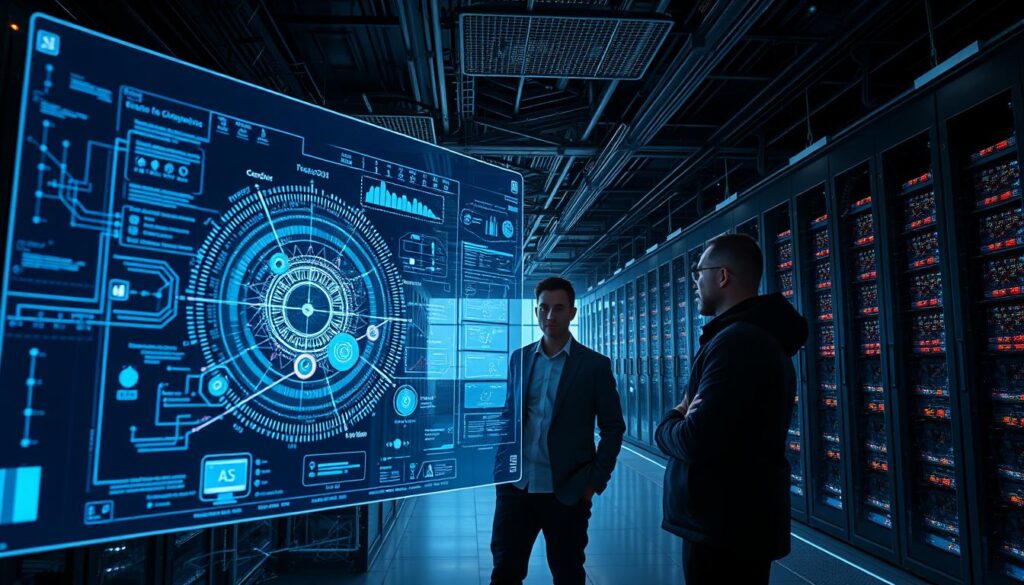A complex cybersecurity system with advanced anomaly detection algorithms, visualized through a sleek, futuristic interface. In the foreground, a holographic display shows a real-time analysis of network activity, with intricate data visualizations highlighting potential threats. The middle ground features a trio of security experts examining the data, their faces illuminated by the soft glow of the screens. In the background, a vast, high-tech server room hums with the energy of the blockchain network, its intricate cabling and pulsing lights creating a sense of technological prowess and vigilance. The lighting is cool and precise, casting dramatic shadows that emphasize the gravity of the task at hand. The overall atmosphere conveys a sense of control, efficiency, and unwavering dedication to safeguarding the network.