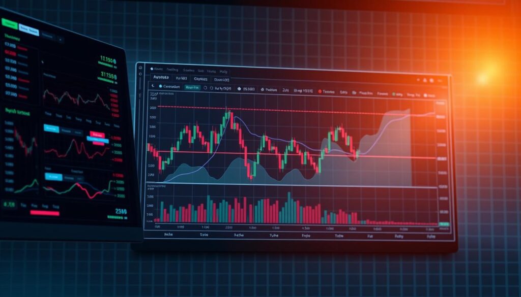A complex, data-driven trading dashboard with a focus on confluence clusters and multiple technical indicators. The foreground features a sleek, modern interface with customizable charts, oscillators, and data visualizations. In the middle ground, a central chart displays overlapping price action, trend lines, and momentum signals. The background blends a subtle grid pattern with a cool, metallic color scheme, conveying a sense of precision and analytical depth. Ambient lighting casts a soft, high-contrast glow, drawing the viewer's attention to the convergence of multiple data points. The overall composition suggests a comprehensive, data-driven approach to identifying support and resistance levels in the cryptocurrency markets.