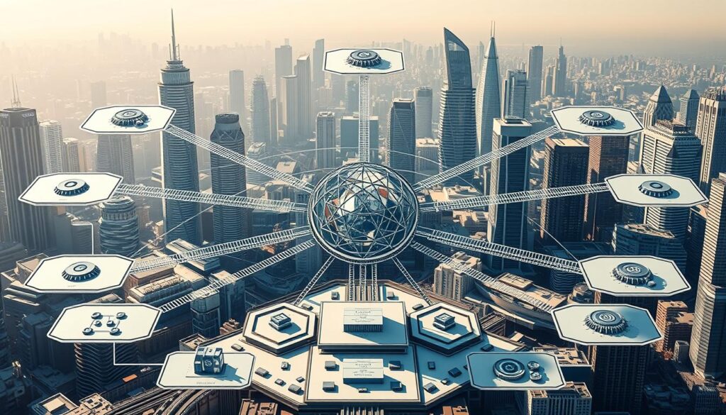 A complex diagram showcasing various blockchain architectures, rendered with intricate detail and technical precision. The foreground features a central hub with interconnected nodes representing different blockchain models, such as public, private, consortium, and hybrid. The middle ground depicts the underlying infrastructure, including distributed ledgers, consensus mechanisms, and transaction flows. The background showcases a futuristic cityscape, with skyscrapers and technological elements, symbolizing the integration of blockchain technologies within modern society. The lighting is crisp and directional, casting shadows that accentuate the architectural elements. The overall composition conveys a sense of depth, balance, and the multifaceted nature of blockchain systems. A complex diagram showcasing various blockchain architectures, rendered with intricate detail and technical precision. The foreground features a central hub with interconnected nodes representing different blockchain models, such as public, private, consortium, and hybrid. The middle ground depicts the underlying infrastructure, including distributed ledgers, consensus mechanisms, and transaction flows. The background showcases a futuristic cityscape, with skyscrapers and technological elements, symbolizing the integration of blockchain technologies within modern society. The lighting is crisp and directional, casting shadows that accentuate the architectural elements. The overall composition conveys a sense of depth, balance, and the multifaceted nature of blockchain systems.