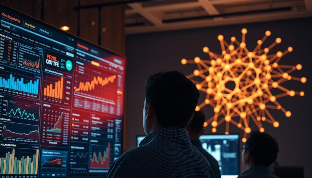 A complex financial analysis dashboard hovers in the foreground, displaying real-time data, charts, and AI-powered insights. In the middle ground, a team of analysts pore over the dashboard, their faces illuminated by the glow of the screens. In the background, a neural network diagram pulses with energy, representing the integration of AI and natural language processing algorithms that power the financial forecasting model. The scene is bathed in a warm, subdued lighting, conveying the serious yet innovative nature of the work being done.