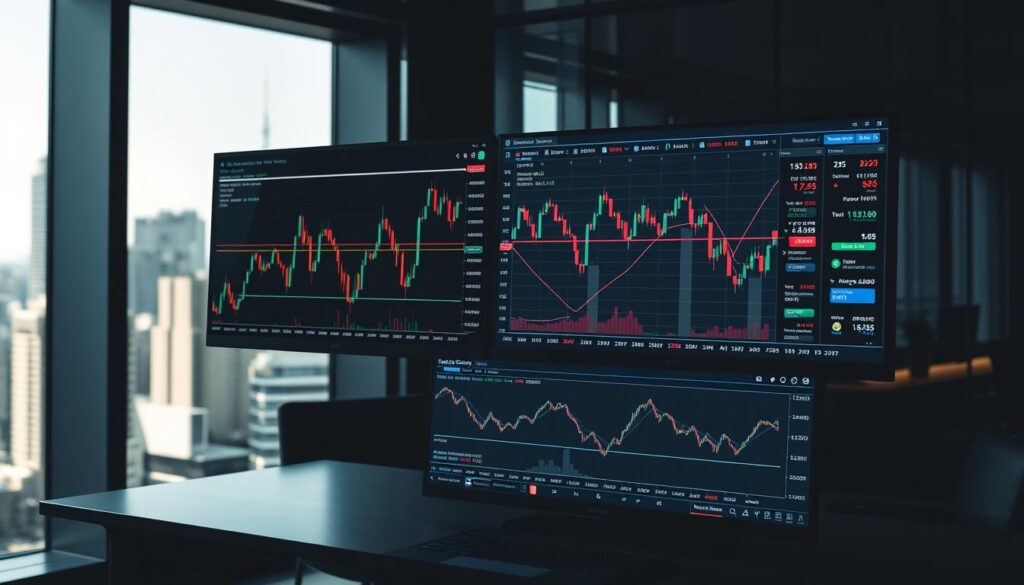 A complex financial graph with intricate technical indicators and market data visualizations, displayed on a high-resolution dual monitor setup in a dimly lit, modern office. The foreground features candlestick charts, moving averages, and Fibonacci retracement levels, all rendered in a clean, minimalist aesthetic. The middle ground showcases a detailed view of cryptocurrency price movements, trading volumes, and market sentiments. The background depicts a sleek, glass-walled office environment with city skyline visible through the windows, creating a sense of urban sophistication. The lighting is soft and directional, casting subtle shadows that enhance the depth and atmosphere of the scene. A complex financial graph with intricate technical indicators and market data visualizations, displayed on a high-resolution dual monitor setup in a dimly lit, modern office. The foreground features candlestick charts, moving averages, and Fibonacci retracement levels, all rendered in a clean, minimalist aesthetic. The middle ground showcases a detailed view of cryptocurrency price movements, trading volumes, and market sentiments. The background depicts a sleek, glass-walled office environment with city skyline visible through the windows, creating a sense of urban sophistication. The lighting is soft and directional, casting subtle shadows that enhance the depth and atmosphere of the scene.