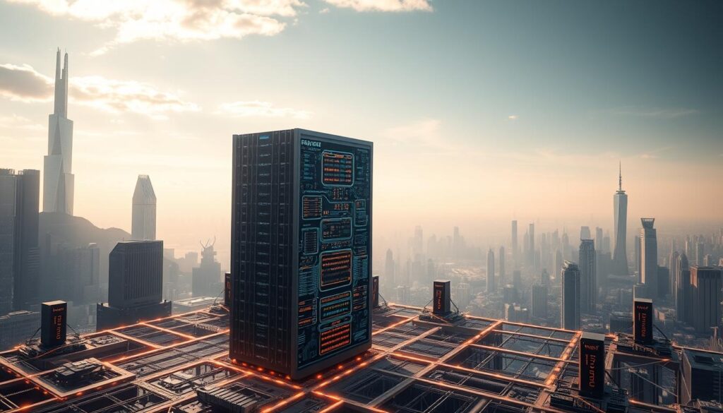 A complex, futuristic landscape depicting layer 1 blockchain solutions. In the foreground, a monolithic server rack stands tall, its intricate circuits glowing with an ethereal light. Surrounding it, a network of interconnected nodes and data pathways weave a tapestry of decentralization. The middle ground features towering, angular skyscrapers - each one a testament to the scalability and security of the underlying blockchain architecture. The background is a vast, expansive skyline, bathed in a soft, warm glow, symbolizing the promise of a more transparent and equitable financial system. The scene conveys a sense of technological sophistication, power, and the endless possibilities of the blockchain revolution. A complex, futuristic landscape depicting layer 1 blockchain solutions. In the foreground, a monolithic server rack stands tall, its intricate circuits glowing with an ethereal light. Surrounding it, a network of interconnected nodes and data pathways weave a tapestry of decentralization. The middle ground features towering, angular skyscrapers - each one a testament to the scalability and security of the underlying blockchain architecture. The background is a vast, expansive skyline, bathed in a soft, warm glow, symbolizing the promise of a more transparent and equitable financial system. The scene conveys a sense of technological sophistication, power, and the endless possibilities of the blockchain revolution.