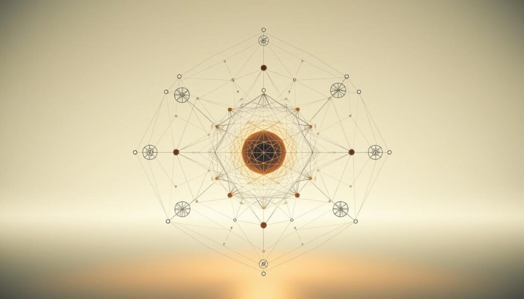 A complex geometric diagram depicting zero-knowledge proofs, with intricate and interconnected shapes, lines, and symbols floating in a serene, minimalist environment. The foreground features a central, radiant sphere surrounded by a web of abstract cryptographic elements, while the background is a tranquil, gradient-filled space. The lighting is soft and diffused, creating a sense of depth and dimensionality. The overall composition conveys the elegance and mathematical precision of zero-knowledge proof systems, hinting at their ability to enable secure, private, and anonymous transactions.