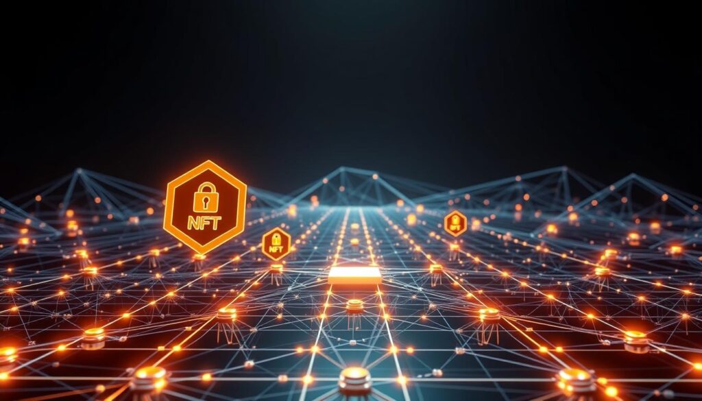 A complex, interconnected blockchain network with digital NFT assets floating in a virtual 3D space. In the foreground, a central NFT icon representing ownership, surrounded by smaller NFTs that can be transferred or traded. In the middle ground, a grid-like structure of blockchain ledger transactions, with nodes and connections symbolizing the flow of digital assets. The background depicts a futuristic, minimalist landscape with glowing lines and geometric shapes, conveying the technological nature of the NFT mechanics. Dramatic lighting casts shadows and highlights the key elements, creating a sense of depth and momentum. Rendered in a sleek, high-contrast style to emphasize the precision and dynamism of the blockchain NFT ecosystem. A complex, interconnected blockchain network with digital NFT assets floating in a virtual 3D space. In the foreground, a central NFT icon representing ownership, surrounded by smaller NFTs that can be transferred or traded. In the middle ground, a grid-like structure of blockchain ledger transactions, with nodes and connections symbolizing the flow of digital assets. The background depicts a futuristic, minimalist landscape with glowing lines and geometric shapes, conveying the technological nature of the NFT mechanics. Dramatic lighting casts shadows and highlights the key elements, creating a sense of depth and momentum. Rendered in a sleek, high-contrast style to emphasize the precision and dynamism of the blockchain NFT ecosystem.