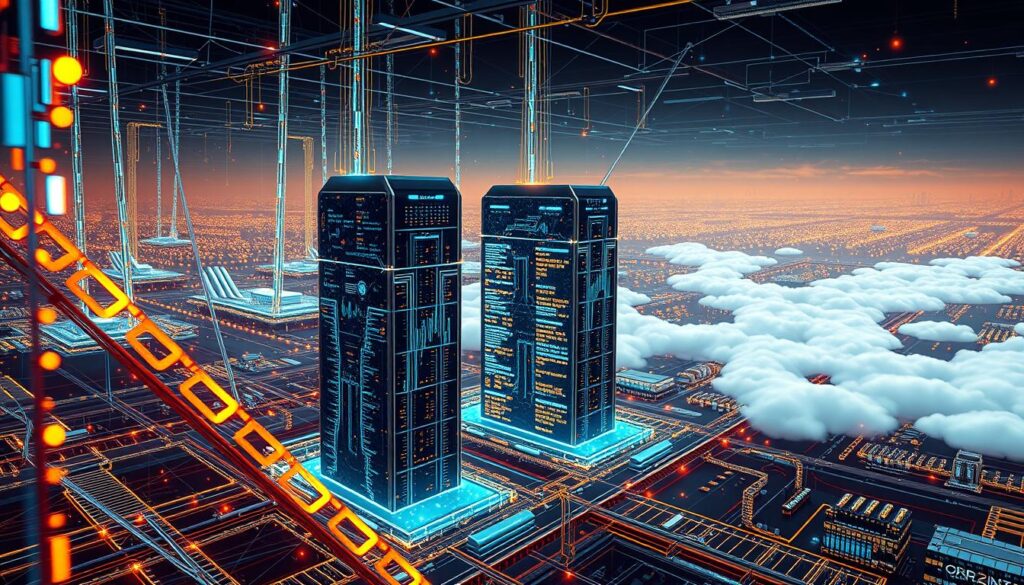 A complex, interconnected digital network of transaction processing nodes, each a gleaming server tower illuminated by cascading streams of data. The foreground features an intricate web of data cables, conduits, and routers, conveying a sense of constant activity and information flow. In the middle ground, sleek, futuristic buildings housing the core processing centers stand tall, their facades adorned with dynamic visualizations and holographic displays. The background reveals a vast, luminous landscape of cloud-like data servers, pulsing with the rhythm of countless financial transactions. The scene is bathed in a warm, ambient glow, conveying a sense of efficiency, security, and technological sophistication.