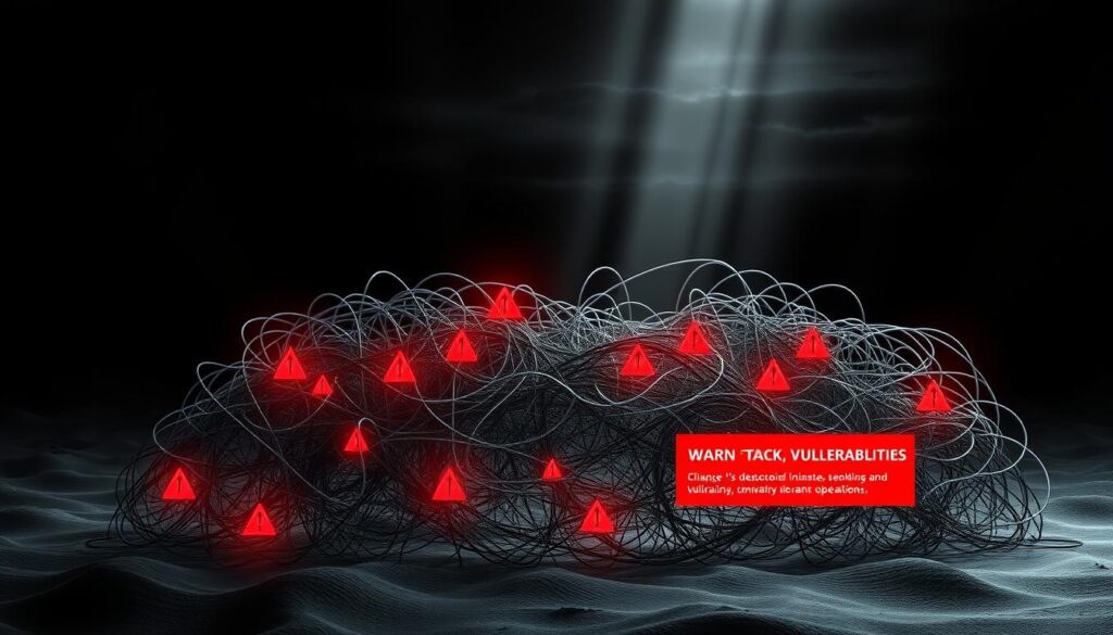 A complex, intricately woven smart contract, its structure resembling a tangled web of code, is the focal point of the image. Highlighted within the contract are glaring vulnerabilities, represented by red warning symbols and highlighted sections. The background is a dark, ominous landscape, casting an eerie shadow over the precarious nature of the contract. Beams of light pierce through the darkness, accentuating the gravity of the situation. The overall mood is one of caution and unease, underscoring the importance of understanding the risks involved in decentralized finance and smart contract operations.
