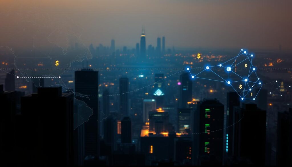A complex, layered scene depicting cross-border blockchain transactions. In the foreground, digital currency symbols and financial data flow across national borders, represented by dotted lines and shadowy silhouettes of buildings. In the middle ground, a network of interconnected nodes and servers, glowing with an ethereal blue light, facilitates the secure, decentralized movement of digital assets. In the background, a panoramic view of the urban skyline, hazy and indistinct, symbolizing the global nature of the blockchain ecosystem. The lighting is dramatic, with warm hues in the foreground transitioning to cooler tones in the distance, creating a sense of depth and perspective. The overall mood is one of technological prowess, global connectivity, and the challenges of cross-border regulatory compliance.