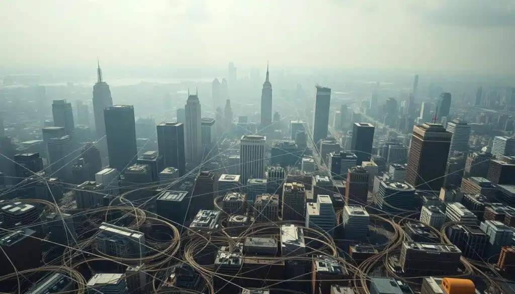A complex maze of interconnected regulatory agencies, policies, and guidelines, all converging to form a labyrinth of compliance challenges for the digital asset industry. In the foreground, a tangled web of legislative frameworks, with icons and symbols representing the diverse regulatory bodies. In the middle ground, a cityscape of skyscrapers and infrastructure, symbolizing the digital landscape. In the background, a hazy, uncertain atmosphere, conveying the dynamic and ever-evolving nature of this regulatory environment. Utilize a cinematic lighting approach, with dramatic shadows and highlights to accentuate the complexity and intensity of the scene. Employ a high-resolution, wide-angle lens to capture the scale and depth of this regulatory landscape.