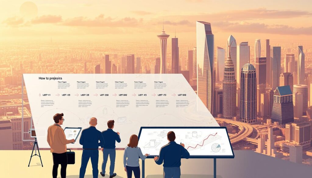 A complex, multi-layered illustration showcasing the strategic phases of cryptocurrency project development. In the foreground, a group of diverse figures representing the project team collaborates intently, drawing diagrams and blueprints on a digital whiteboard. The middle ground features a timeline infographic, with distinct milestones and phases labeled in a sleek, minimalist style. In the background, a cityscape of gleaming skyscrapers and futuristic architecture, bathed in a warm, golden glow, symbolizing the growth and expansion of the cryptocurrency ecosystem. The overall scene conveys a sense of strategic planning, teamwork, and the systematic execution of a well-crafted roadmap.
