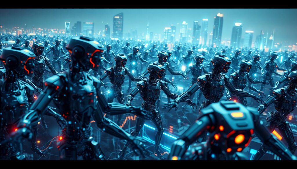 A complex network of AI trading bots, their algorithms visible as intricate lines of code, against a backdrop of futuristic cityscape. The bots, sleek and metallic, are engaged in rapid, high-frequency trades, their movements captured in a blur of activity. Beams of data and information flow between the bots, creating a sense of dynamism and interconnectedness. The lighting is cool and digital, casting an ethereal glow over the scene, hinting at the immense power and capabilities of these autonomous trading agents. The perspective is slightly elevated, giving the viewer a sense of the bots' omniscience and control over the financial markets.