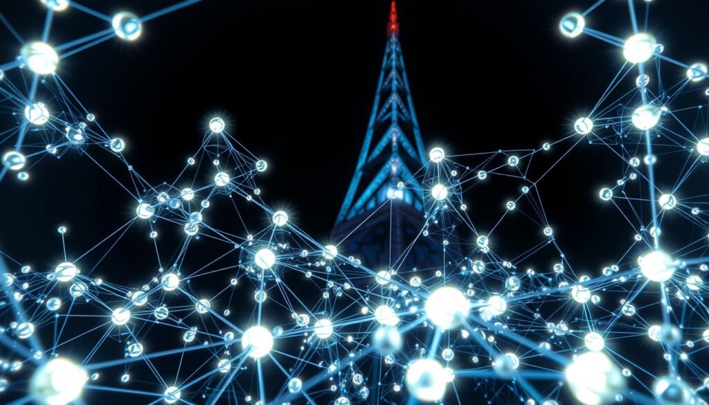 A complex network of blockchain nodes, each representing a unique transaction, intricately interconnected in a three-dimensional space. The nodes pulsate with energy, emitting a soft glow that illuminates the surrounding environment. In the background, a towering structure representing the scalability challenges looms, its angular geometry creating a sense of depth and complexity. The lighting is directional, casting dramatic shadows that accentuate the intricate web of connections. The overall scene conveys a sense of technical depth, innovation, and the pursuit of scalable blockchain solutions.