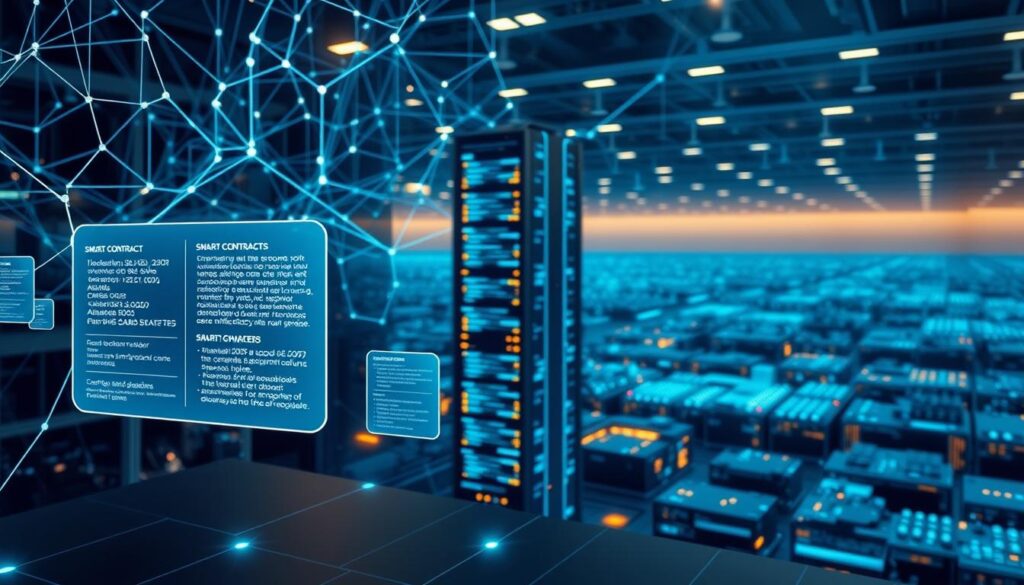 A complex network of blockchain smart contracts, their lines of code intricately intertwined, casting a soft blue glow upon a sleek, minimalist interface. In the foreground, a series of holographic windows display detailed transaction data, smart contract parameters, and digital signatures. The middle ground features a towering blockchain node, its servers humming with activity, while in the background, a vast expanse of digital infrastructure stretches out, representing the decentralized nature of the technology. The lighting is warm and ambient, creating a sense of technological sophistication and the promise of a secure, transparent digital future.