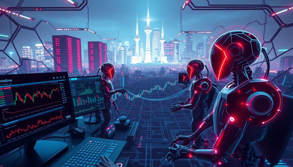 A complex network of digital agents, trading bots navigate the volatile crypto markets with lightning speed and precision. In the foreground, sleek user interfaces display real-time analytics and strategy parameters. The middle ground features an array of colorful candlestick charts, undulating lines, and pulsing indicators. In the background, a futuristic city skyline glows with the light of towering server towers, hinting at the computational power driving these autonomous trading systems. The scene is bathed in a cool, neon-tinged palette, conveying the high-stakes, 24/7 nature of the crypto trading landscape. A complex network of digital agents, trading bots navigate the volatile crypto markets with lightning speed and precision. In the foreground, sleek user interfaces display real-time analytics and strategy parameters. The middle ground features an array of colorful candlestick charts, undulating lines, and pulsing indicators. In the background, a futuristic city skyline glows with the light of towering server towers, hinting at the computational power driving these autonomous trading systems. The scene is bathed in a cool, neon-tinged palette, conveying the high-stakes, 24/7 nature of the crypto trading landscape.