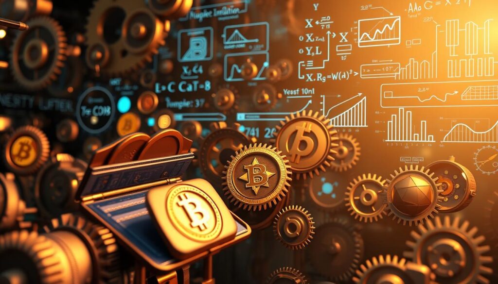 A complex network of gears and mechanisms representing the intricate supply inflation dynamics of the cryptocurrency ecosystem. The foreground features a detailed 3D render of a stylized digital wallet, with internal components and blockchain ledger visible. The middle ground showcases various cryptocurrency symbols and icons, each spinning and interacting to illustrate the constant issuance and circulation of new digital assets. In the background, a holographic display depicts mathematical formulas, charts, and data visualizations explaining the algorithmic and economic principles behind cryptocurrency supply inflation. Lighting is a mix of warm, ambient tones and cool, technical highlights, creating a sense of depth and technological sophistication. The overall scene conveys the underlying mechanisms that drive the store of value properties of cryptocurrencies. A complex network of gears and mechanisms representing the intricate supply inflation dynamics of the cryptocurrency ecosystem. The foreground features a detailed 3D render of a stylized digital wallet, with internal components and blockchain ledger visible. The middle ground showcases various cryptocurrency symbols and icons, each spinning and interacting to illustrate the constant issuance and circulation of new digital assets. In the background, a holographic display depicts mathematical formulas, charts, and data visualizations explaining the algorithmic and economic principles behind cryptocurrency supply inflation. Lighting is a mix of warm, ambient tones and cool, technical highlights, creating a sense of depth and technological sophistication. The overall scene conveys the underlying mechanisms that drive the store of value properties of cryptocurrencies.