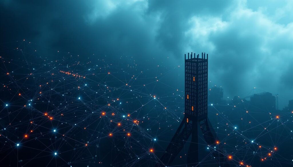 A complex network of interconnected blockchain nodes, each representing a potential security vulnerability. Intricate lines and glowing data streams convey the dynamic and ever-changing nature of blockchain infrastructure. In the foreground, a towering, ominous firewall looms, casting long shadows over the scene, symbolizing the constant threat of cyber attacks. The background is shrouded in a deep, ominous haze, hinting at the unseen dangers that lurk within the blockchain ecosystem. The overall mood is one of unease and uncertainty, underscoring the critical need for advanced security measures and mitigation strategies. A complex network of interconnected blockchain nodes, each representing a potential security vulnerability. Intricate lines and glowing data streams convey the dynamic and ever-changing nature of blockchain infrastructure. In the foreground, a towering, ominous firewall looms, casting long shadows over the scene, symbolizing the constant threat of cyber attacks. The background is shrouded in a deep, ominous haze, hinting at the unseen dangers that lurk within the blockchain ecosystem. The overall mood is one of unease and uncertainty, underscoring the critical need for advanced security measures and mitigation strategies.