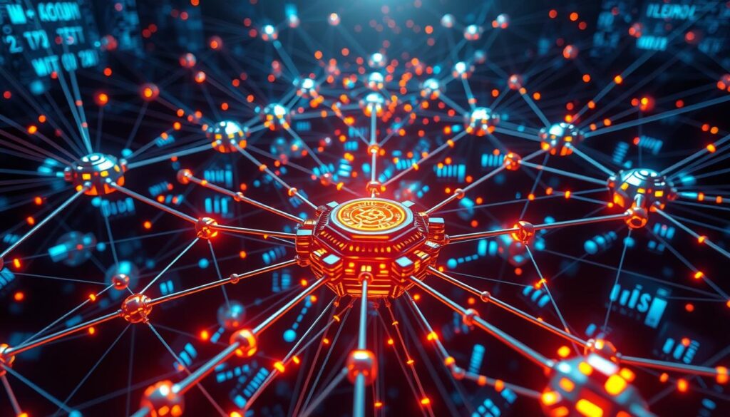 A complex network of interconnected blockchain nodes, each representing a sidechain solution for enhanced scalability. The foreground showcases a central sidechain hub, its various channels branching out and interlinking, enabling seamless parallel processing and data exchange. In the middle ground, vibrant data visualizations pulsate, illustrating the dynamic flow of transactions across the sidechain ecosystem. The background is bathed in a cool, ethereal glow, hinting at the technological sophistication and reliable security that underpins this scalable blockchain architecture. Captured with a wide-angle lens to convey the grand scale and interconnectedness of this innovative scalability solution.