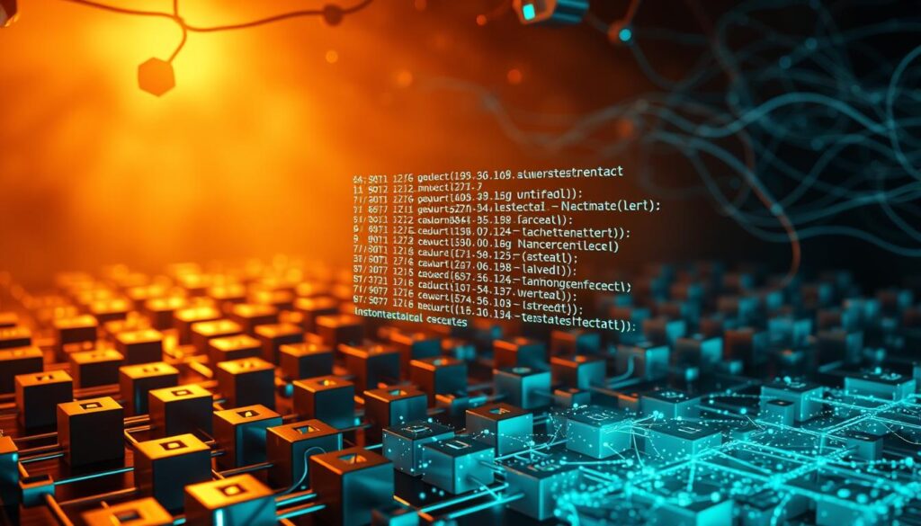 A complex network of interconnected blocks, each containing a record of digital transactions secured by cryptography. In the foreground, smart contract code fragments dance across a holographic display, showcasing their ability to autonomously execute predetermined rules. In the middle ground, a blockchain ledger glows, its distributed and tamper-resistant nature evident. The background is hazy, with ethereal data streams swirling, representing the decentralized infrastructure that underpins this revolutionary technology. Warm lighting casts a futuristic glow, while a subtle lens flare adds depth and atmosphere. The overall scene conveys the power, precision, and transformative potential of blockchain-enabled digital ownership.